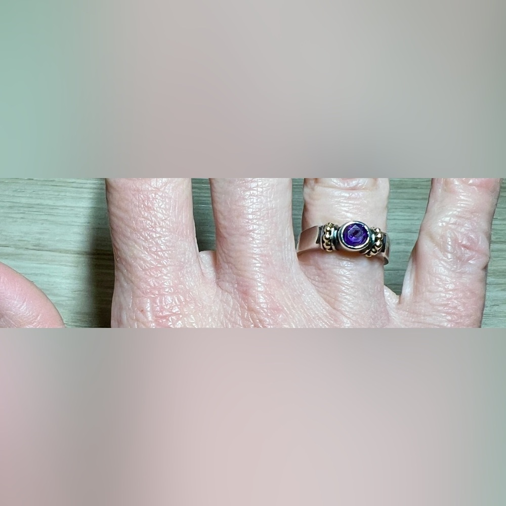 Vintage Designer LAGOS Sterling Silver & 18K Yellow Gold Amethyst Caviar Ring - Picture 7 of 9